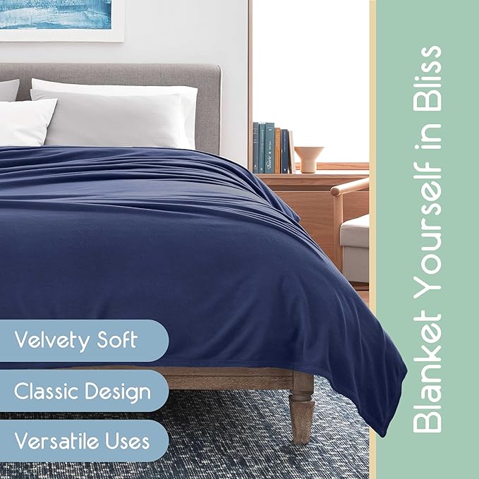 Twin Size Microfleece Blanket - Fleece Bed Blanket - All-Season Comfort -Supersoft Lightweight Throw Blanket - Plush Throw Blanket for Bed Couch or Sofa - Travel Blanket - Pet-Friendly - Navy