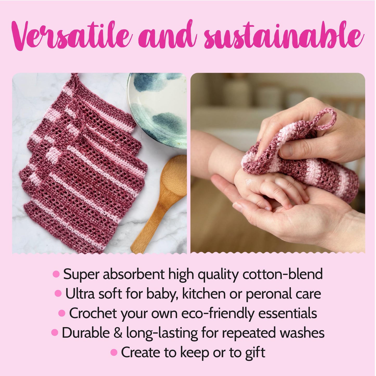 KnitPal Everyday Joy Crochet Kit for Confident Beginners – Make 4 Reusable 7.5 x 7.5 in Dishcloths – with Cotton to The Core Yarn (#3 DK), Hook, Patterns & Video Tutorials (Cherry Red + Blush Pink)