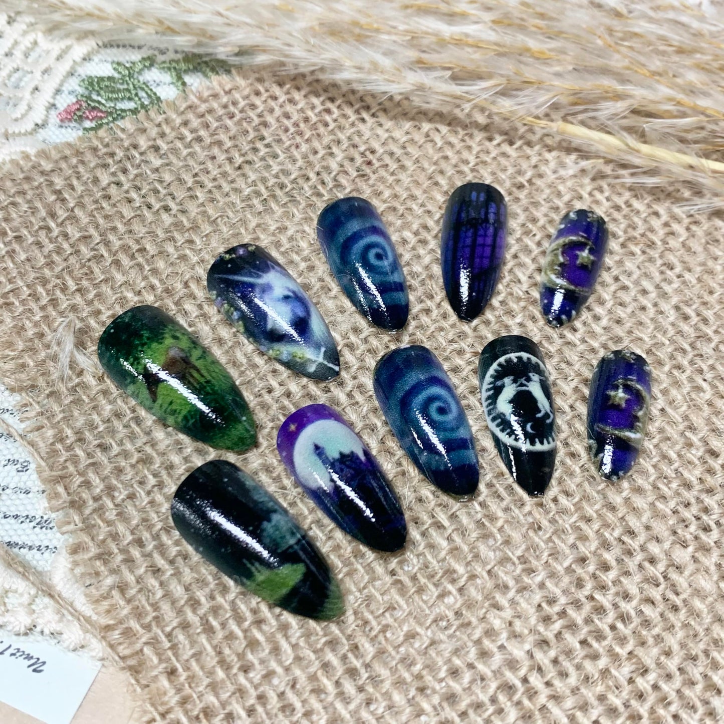 BABALAL Press on Nails Medium Almond Fake Nails Purple Goth Glue ons Anime Design Rabbit Unicorn Golden Moon Y2k Manicure Handmade Custom Art 24Pcs Glossy Full Cover Acrylic False Nails