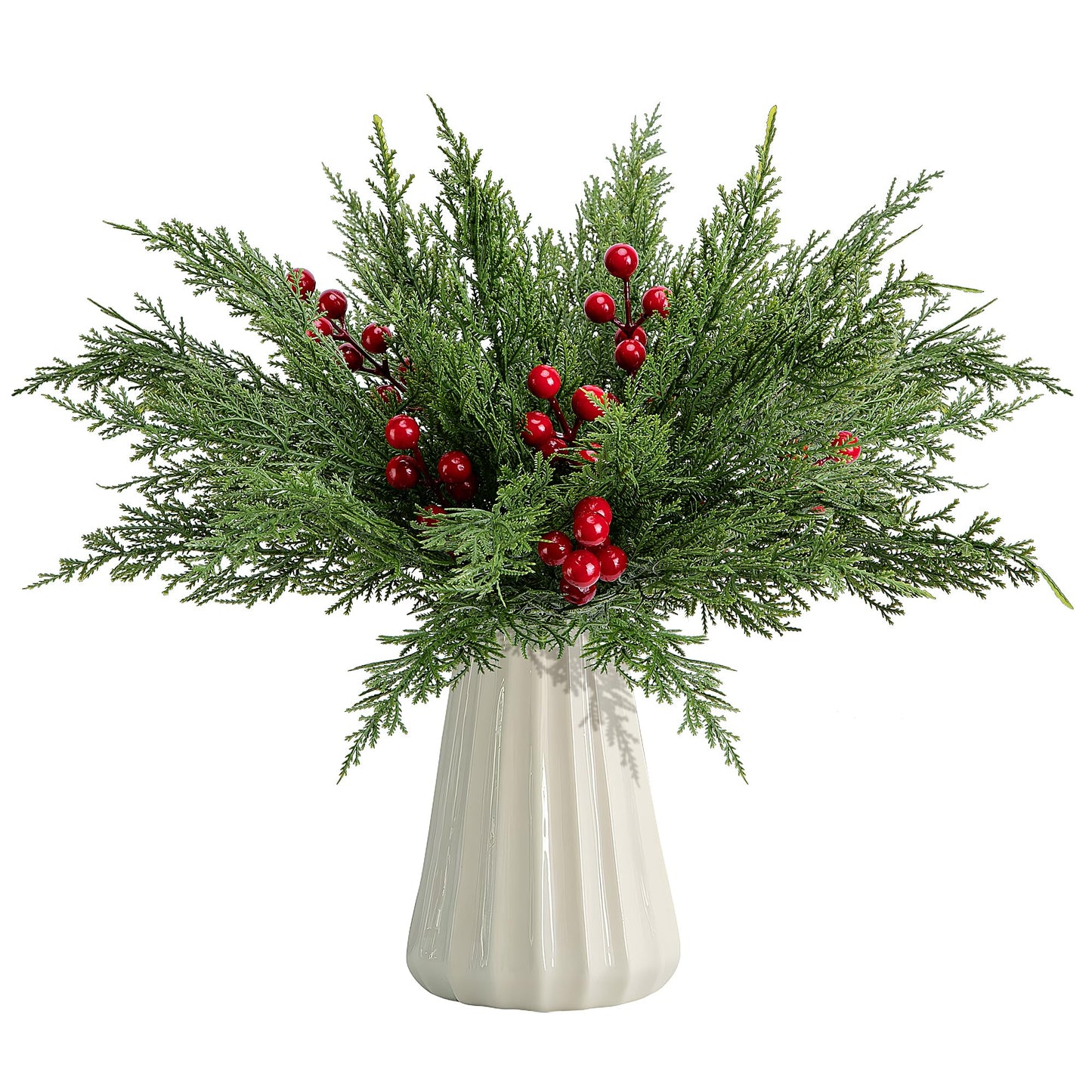 60 Pcs/Set Christmas 3D Artificial Pine Branches- 12.5 Inch Faux Evergreen Cedar Sprigs Branches- Fake Foliage Pine Needles Picks with Artificial Red Berry Stems for DIY Christmas Decoration