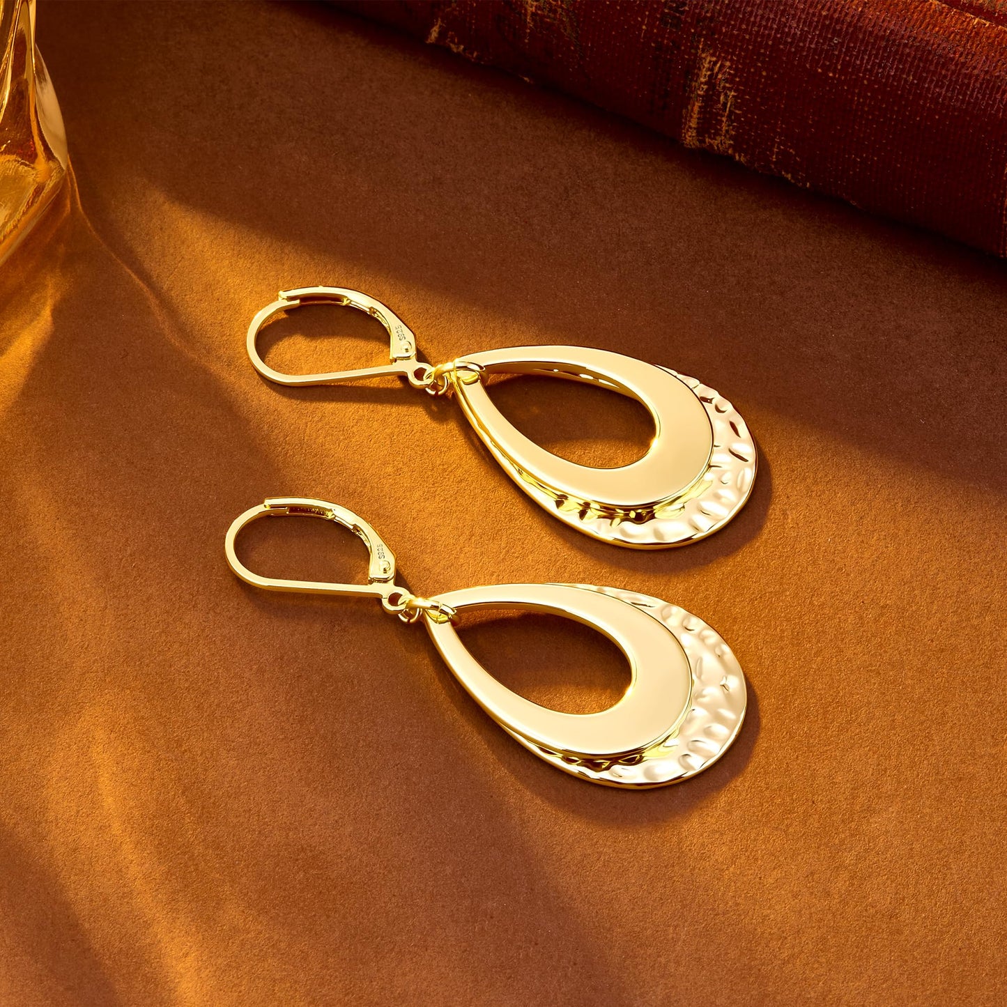 14K Gold Teardrop Dangle Earrings for Women Gold Layer Leverback Hammered Dangle Earrings Jewelry Hypoallergenic Waterdrop Leverback Dangle Earring for Gifts