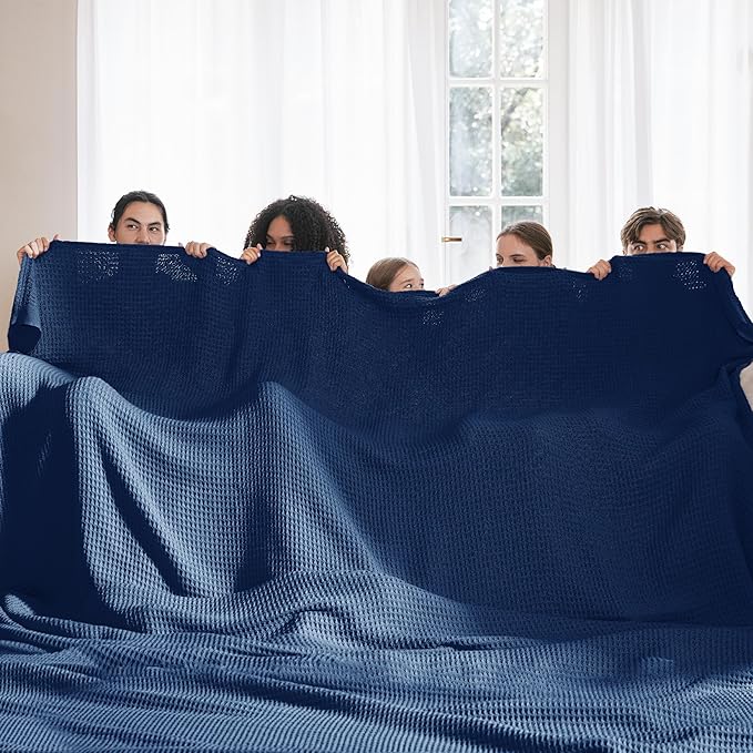 Bedsure 100% Cotton Large Blanket Oversized King for Bed - Breathable Waffle Weave Blanket for Summer Spring, Couch Cover, Navy, 120x94 inches