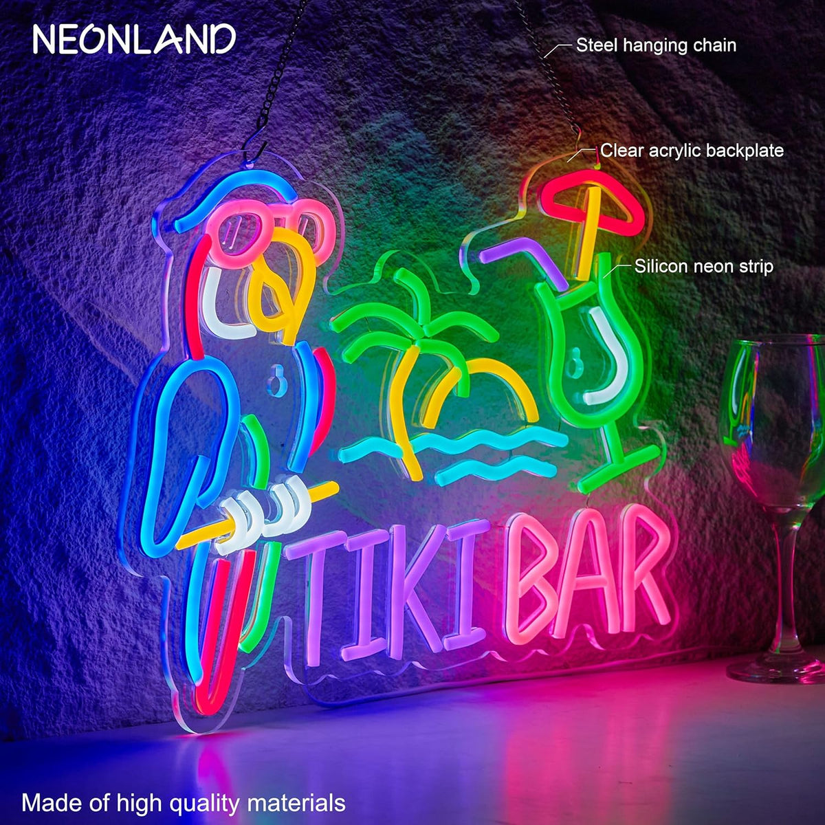 Tiki Bar Parrot Palm Tree Neon Sign for Wall Decor Hawaii Beach Bar LED Light up Signs with Dimmer for Pub Party Man Cave Room Art Decor Gift