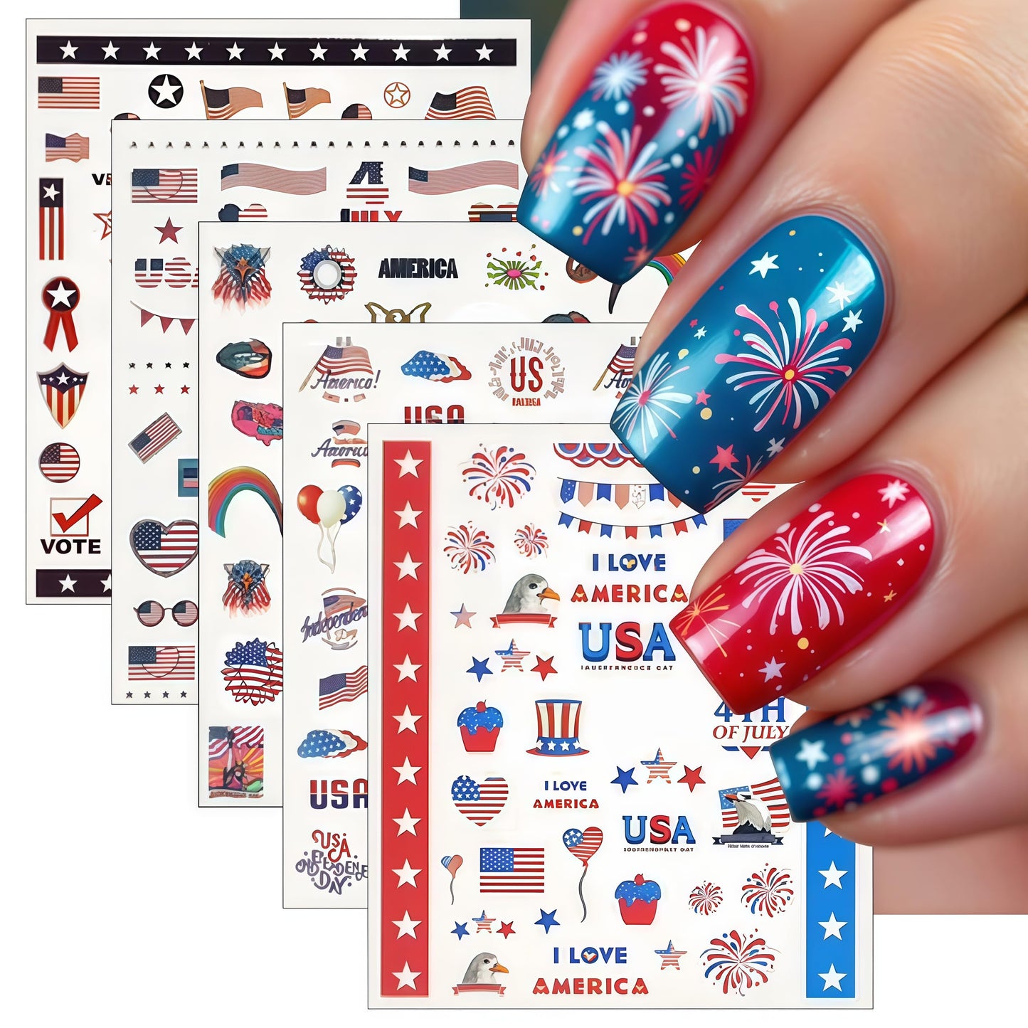 5 Sheets Independence Day Embossed Nail Art Stickers Self-Adhesive July 4th American Flag Eagle Fireworks Balloon Design Statue of Liberty Women's Nail Decoration