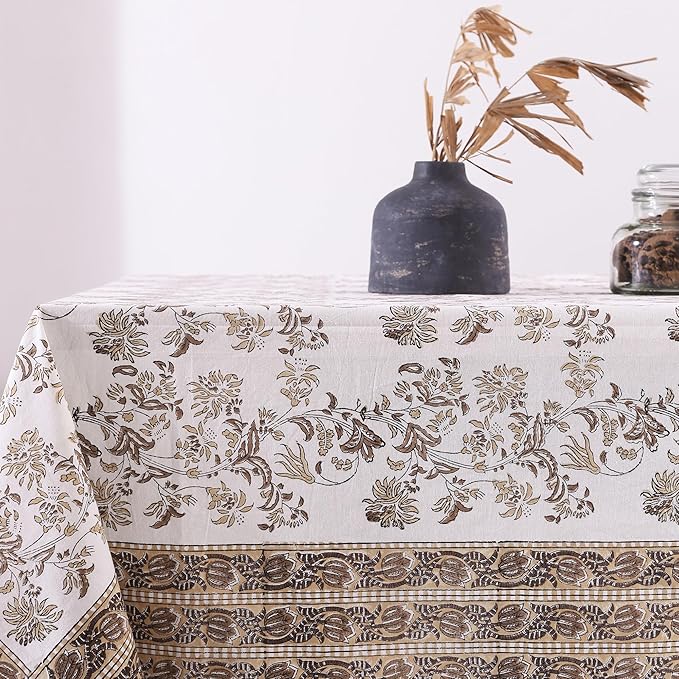 Labhanshi Indian Handblock Print Pre-Washed Cotton Floral Table Cloth|Reusable Rectangle 72x108 Inch 8-Seater Dining Tablecloth|Spring Easter Festive Decorative Table Cover|Beige Brown
