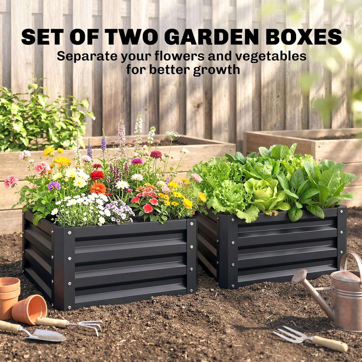 Outsunny 2 Piece Galvanized Raised Garden Bed, 2' x 2' x 1' Metal Planter Box for Growing Vegetables, Flowers, Herbs, Succulents, Dark Gray