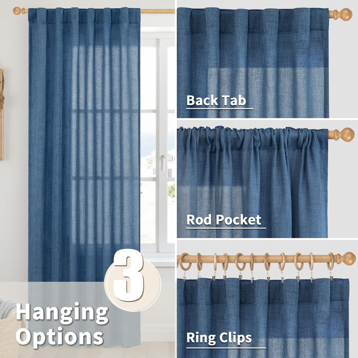 Navy Linen Curtains 78 Inch Length for Living Room (2 Count)