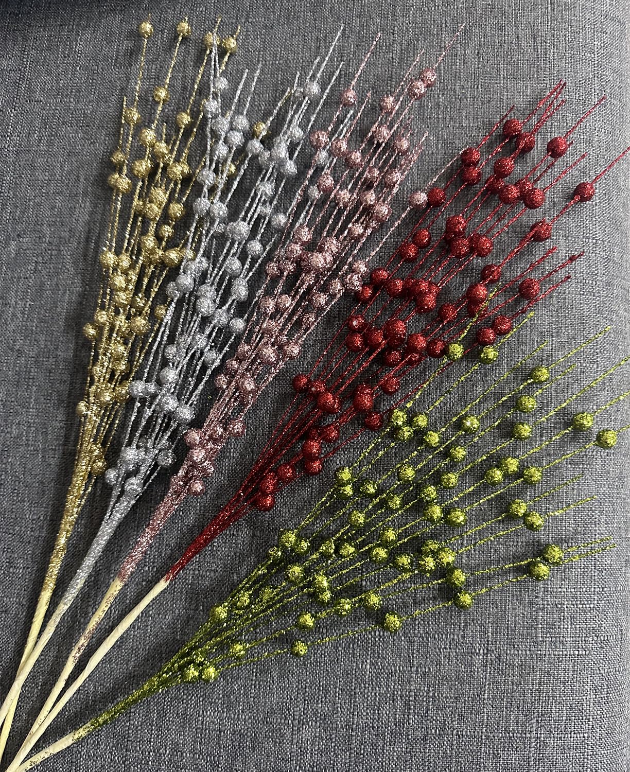 Artificial Glitter Berry Stem Ornaments 17” Decorative Faux Bright Berries Flowers Decorations Picks Bead Sticks Branches for Home Christmas Tree Decor DIY Wreath Crafts - Champagne Pink 10 Pack