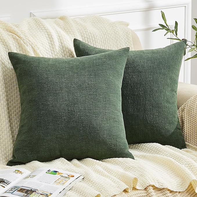 GAWAMAY Decorative Square Throw Pillow Covers 20"x20" Inch Set of 2, Super Soft Chenille Pillows Farmhouse Pillowcase for Living Room Bedroom Sofa Couch Cushion Cover Dark Green 50x50cm (No Insert)