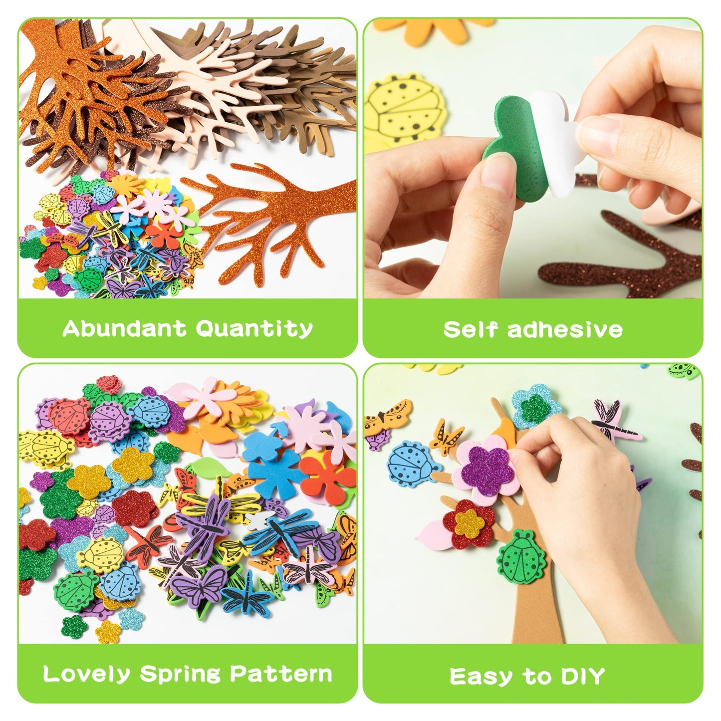 JAPBOR 86PCS Spring Tree Foam Craft Sticker, Springtime Glitter Flower Leaf Butterfly Self Adhesive Stickers, Make Your Own Spring Trees Party Decoration for Art Fun Home Classroom Activities