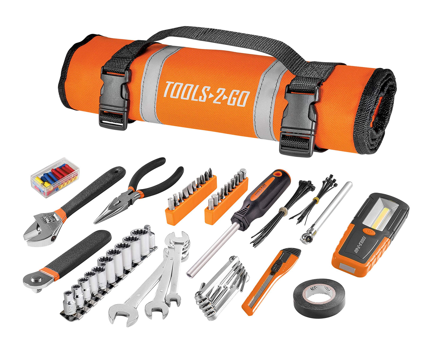 Tools-2-Go Tool 83 Piece Set with Roll-Up Pouch, Wrenches, Pliers, Work Light, Sockets, and Bits for Motorcycle, Car, Truck, ATV - 240119