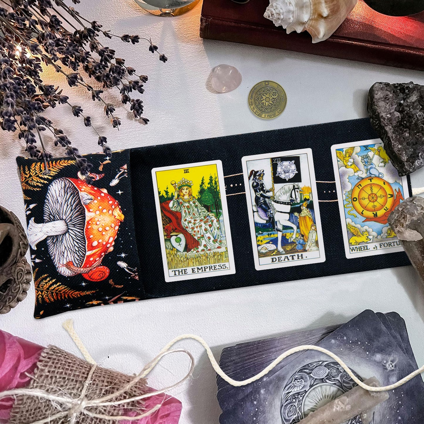 Knana 2Pcs Tarot Card Holder - Linen Tarot Deck Mat with Layout Pattern, Large Tarot Card Storage, Tarot Accessories (Mushroom)