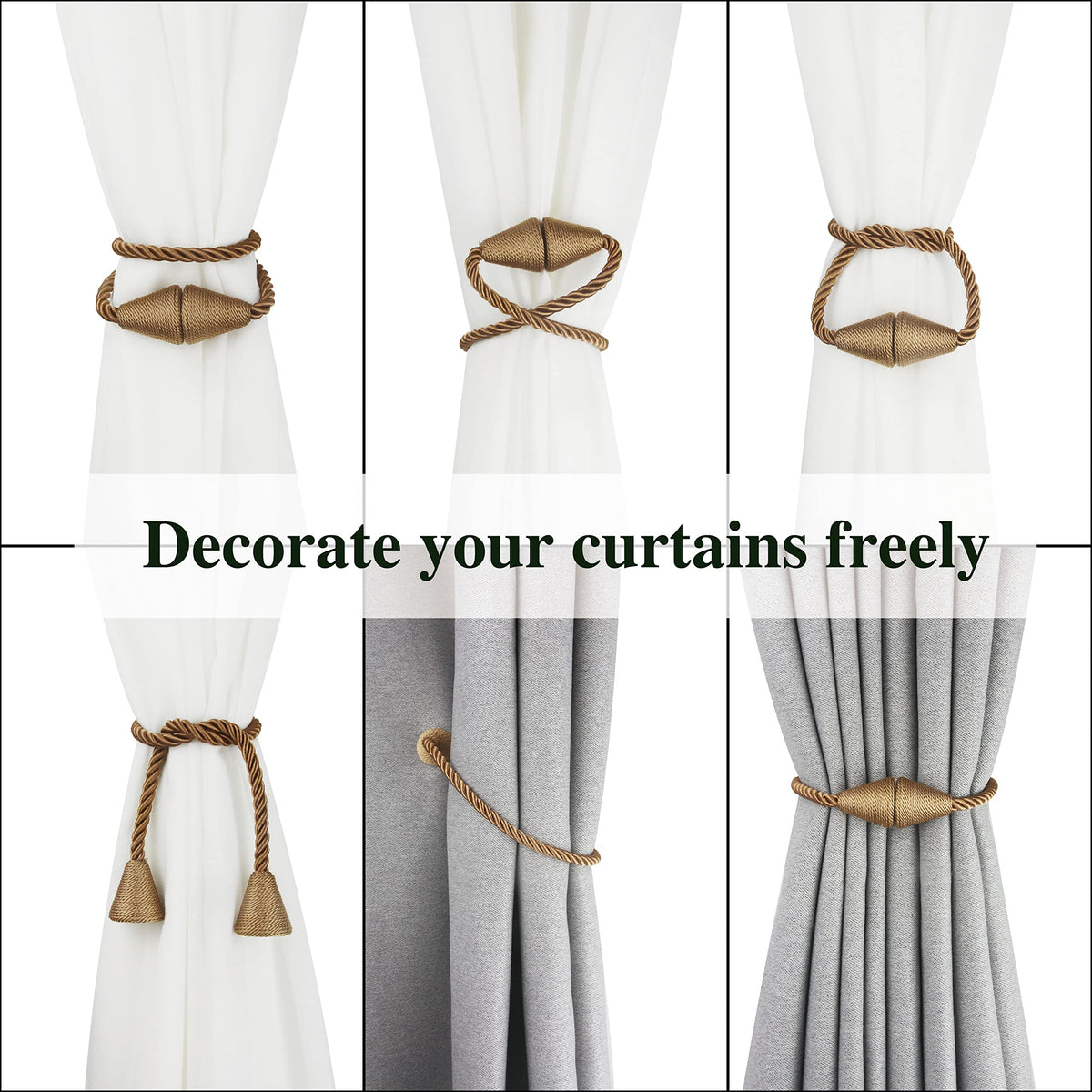 6 Pack Magnetic Curtain Tiebacks Rope Modern Handmade Curtain Tie Backs Decorative Drapes Weave Holdbacks for Window Décor