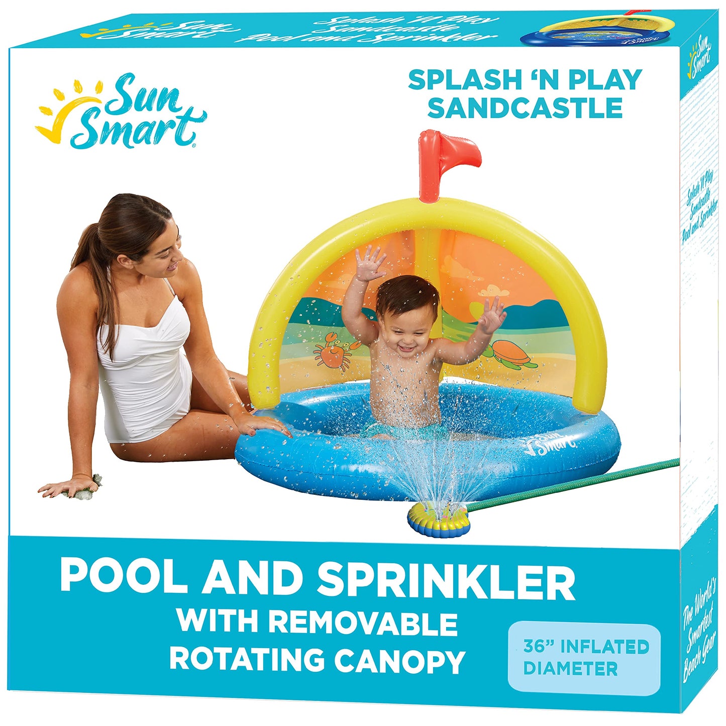 SunSmart Splash 'N Play Sandcastle - Inflatable Kiddie Pool and Sprinkler with Removable, Rotating Canopy