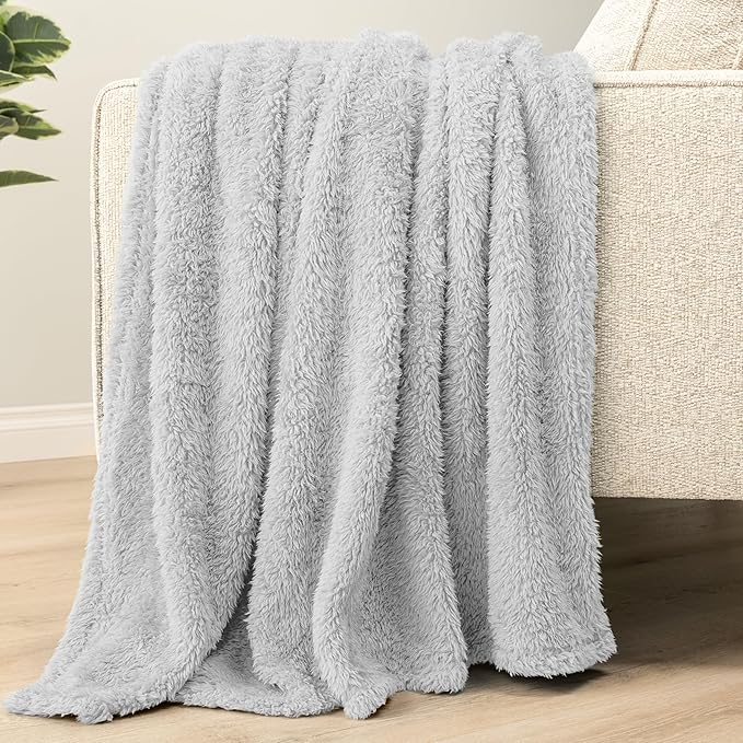 PAVILIA Sherpa Throw Blanket for Couch Sofa, Light Grey Fluffy Warm Plush Blanket for Bed, Cozy Super Soft Lightweight Throw, Fuzzy Decorative Blanket, All Season Home, 50x60
