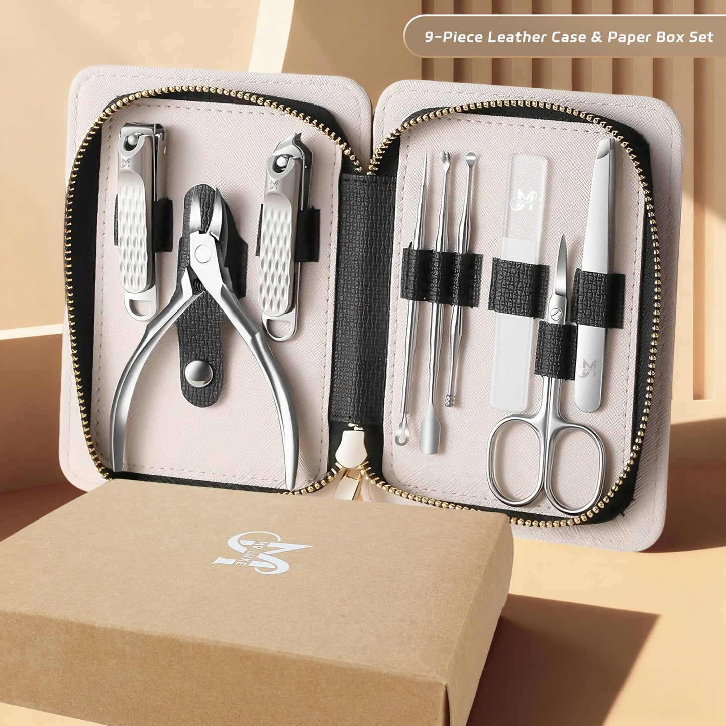 MR.LUXE 9PCS Manicure Set – Professional 9-in-1 Manicure Pedicure Kit, Premium Stainless Steel Nail Clippers and Grooming Tools with Portable Textured Travel Case, Luxury Gift Set for Woman& Man.