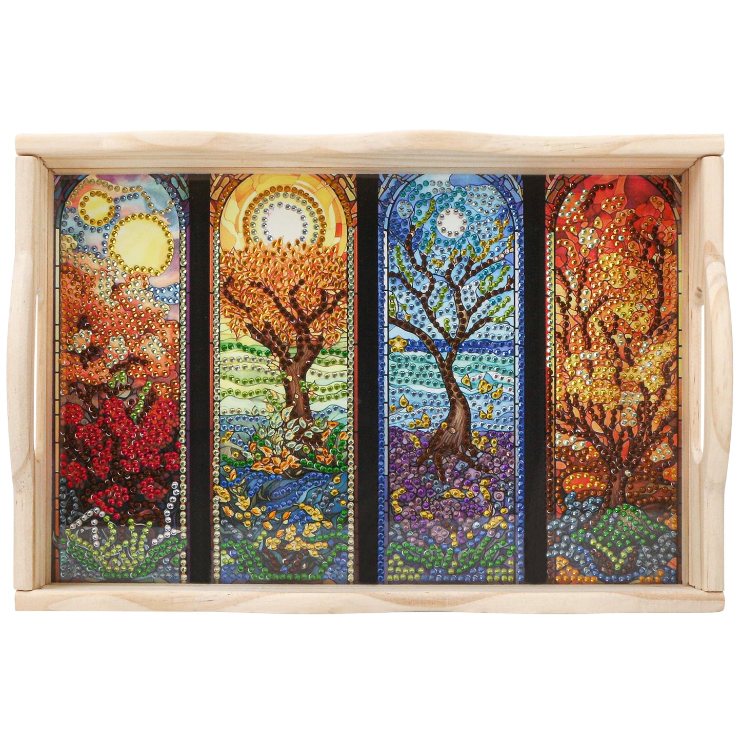 Diamond Art Wooden Tray Kit, 5D Painting Rectangular Serving Tray, Dot Drilled Dinner Plate, Creative DIY Mosaic with Handle & Four Seasons Scenery for Adults, Tea Coffee Snack, Home, Restaurant, Bar