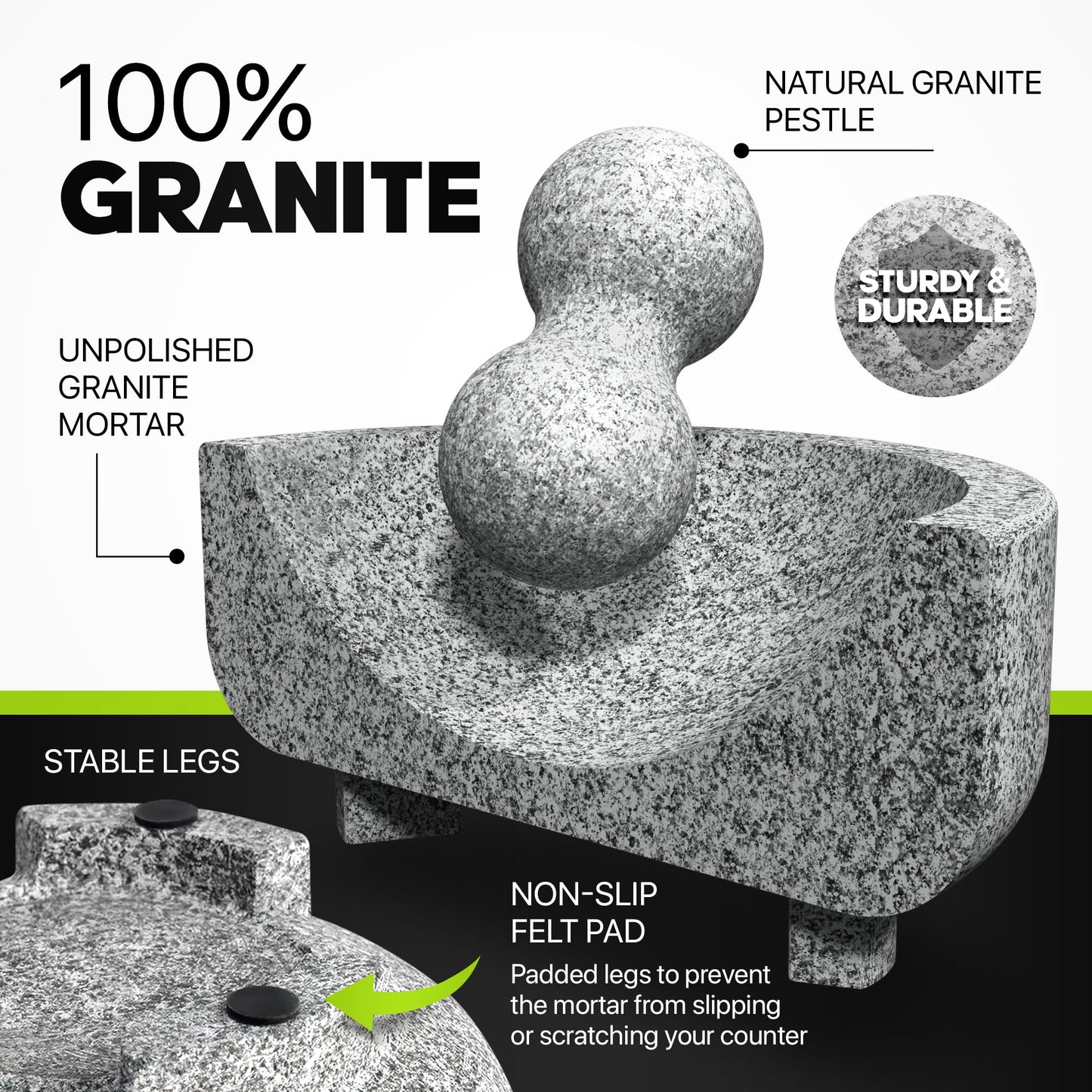 Umien Granite Mortar and Pestle Set - 8-Inch Natural Stone Molcajete with Avocado Tool - 3.5 Cup Capacity for Spices, Herbs, Pestos & Guacamole - Premium Kitchen Gift (Grey)