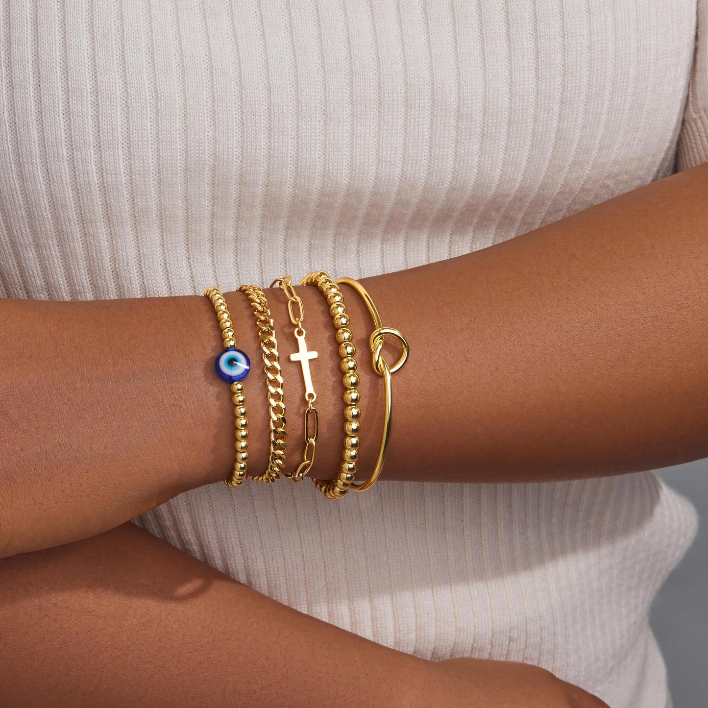 Poxtex Gold Plated Bracelets for Women, Dainty Bracelets for Women Trendy Stack With Heart, Beaded, Cuban, Paperclip, Cross, CZ Chain, Evil Eye Chain