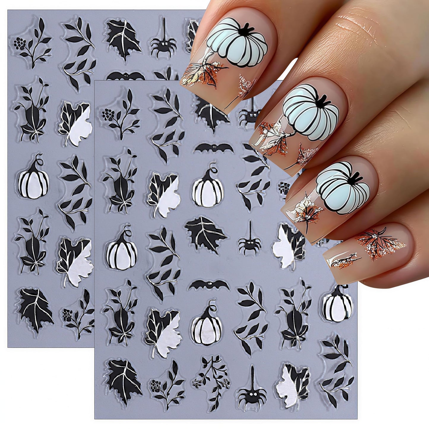 8 Sheets Halloween Nail Stickers 3D Self-Adhesive Glitter Pumpkin Ghost Black Leaf Nail Decals Gold Silver Pumpkin Spider Web Bat Design Nail Stickers for Halloween Party DIY Manicure Kit Decoration