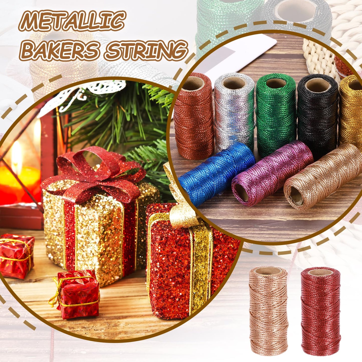 HARFINGTON 3 Roll 1.5mm Metallic String, 16 Ply Decorative Metallic Bakers Twine Thread Cord Rope for Gift Wrapping DIY Crafts Making Decor, Gold Tone/Silver Tone/Blue, 164Yards Total