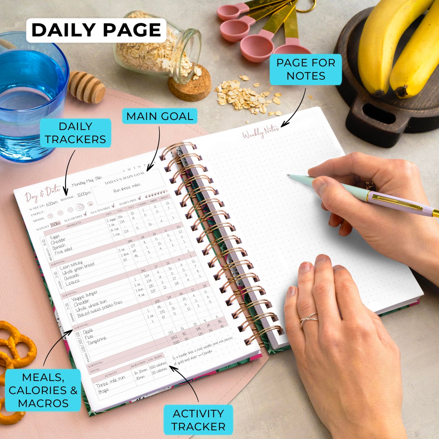 PLANBERRY Food Journal Premium – Nutrition Planner – Diet & Calorie Tracker – Meal & Exercise Diary – Weight Loss Journal (Dragon Fruit)