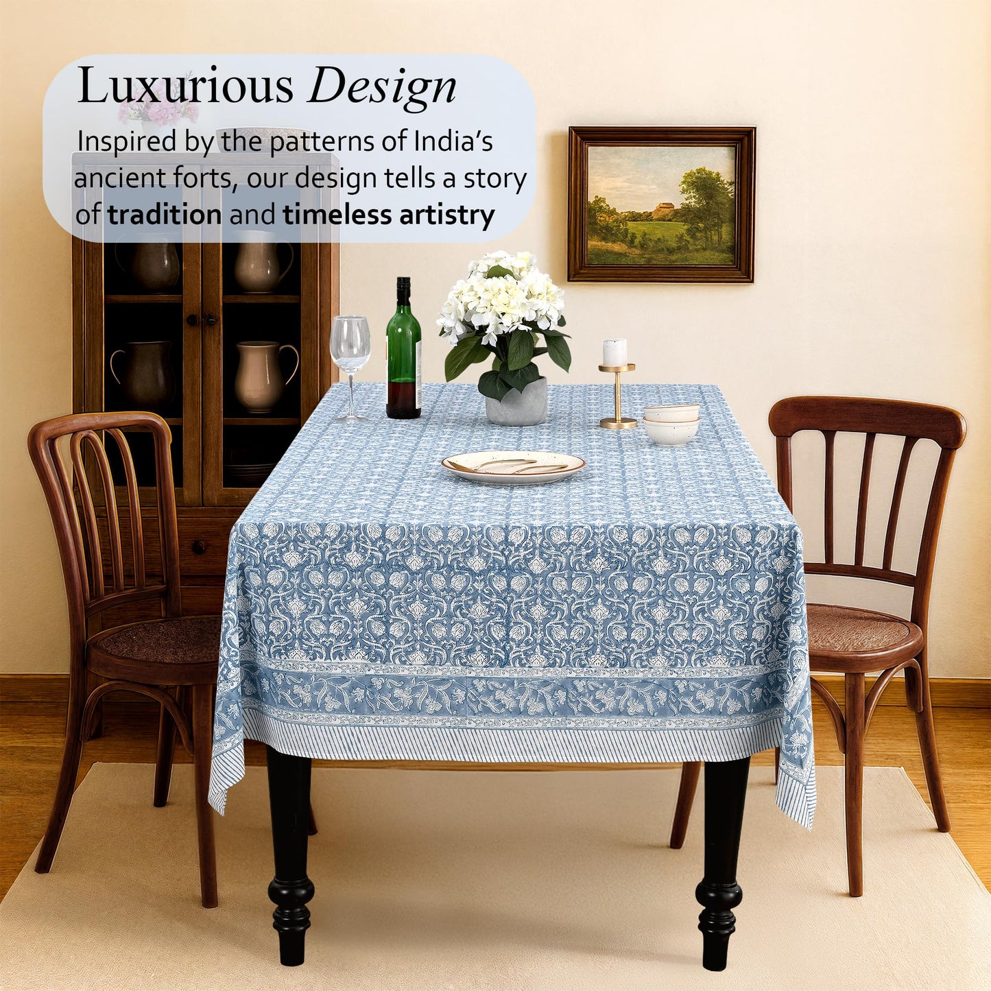 CPC Azure Regal Tablecloth 100% Cotton 70x118 Inch Indian Block Print Rectangle Table Cover, Table Cloth for Gifting in Weddings, Halloween, Fall, Christmas, Thanksgiving