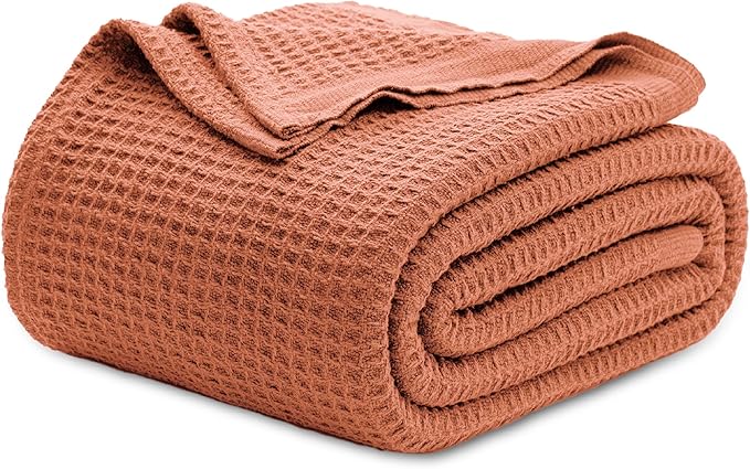 Bedsure 100% Cotton Blanket King Size for Bed - Breathable and Soft, Waffle Weave Blanket for Summer Spring, Red Orange, 104x90 inches