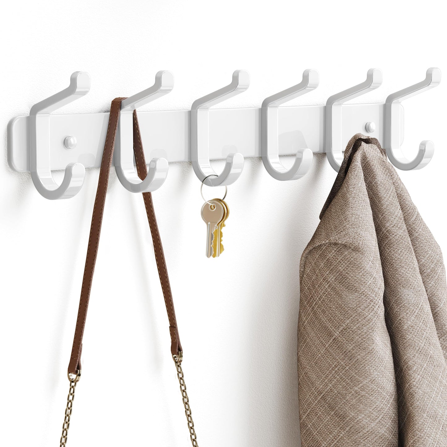 pickpiff Coat Rack Wall Mounted Heavy-Duty: Metal Coat Hanger 6 Hooks for Hanging Hat, Clothes, Robe, Keys, Backpack, Bathroom Towels, Jacket, Purse - Closet, Door, Entryway, Mudroom (White, 2 Pack)