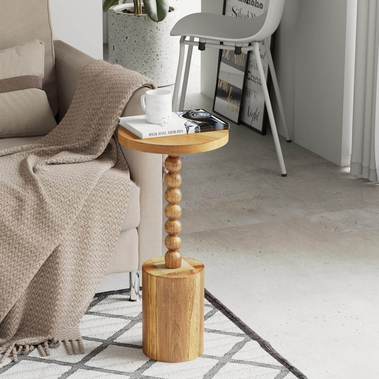 COZAYH Natural Wood End Table with Round Top and Decorative Beaded Pedestal, Farmhouse Accent Side Table Drink Table for Living Room or Small Spaces