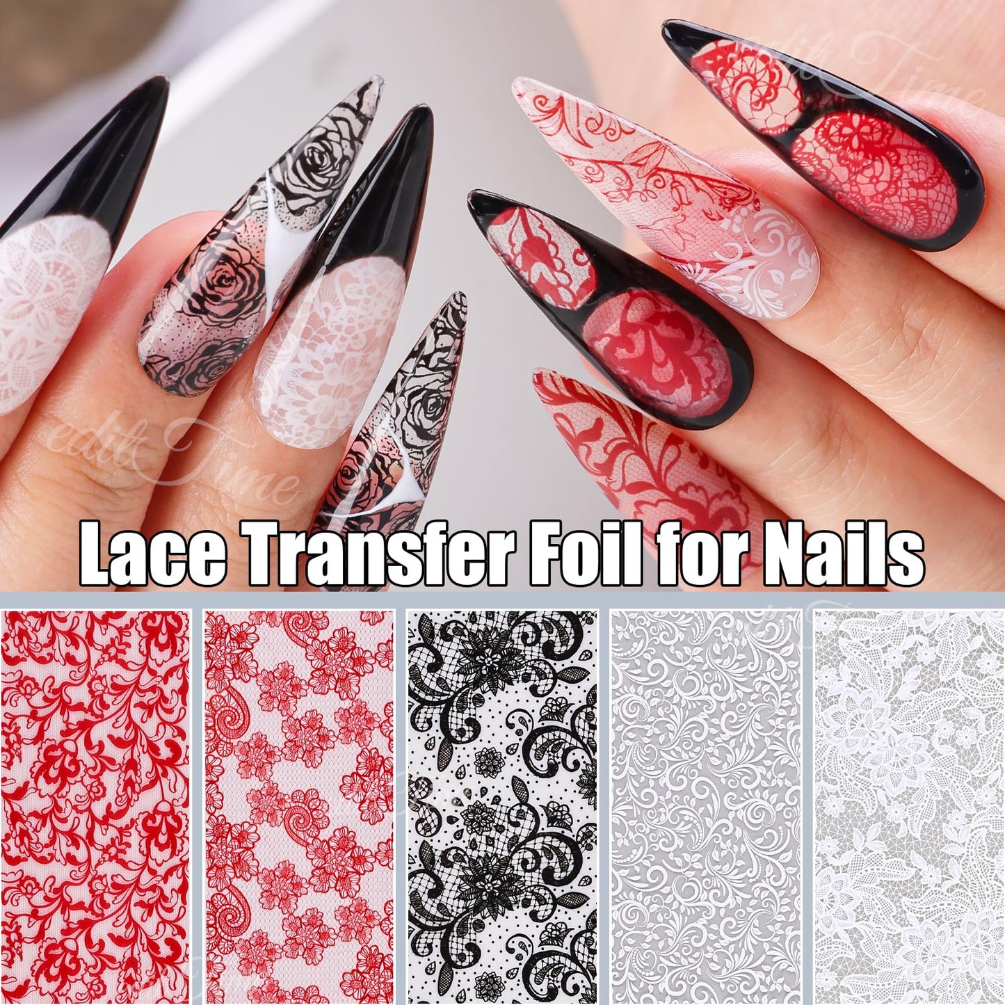 Lace Nail Foil Transfer Sheets, 10 Rolls Black White Red Flower Nail Art Transfer Foils Decals, Flower Nail Art Foils Decals Holographic Foils for Nails Manicure DIY (10 Rolls Red+Black+White)