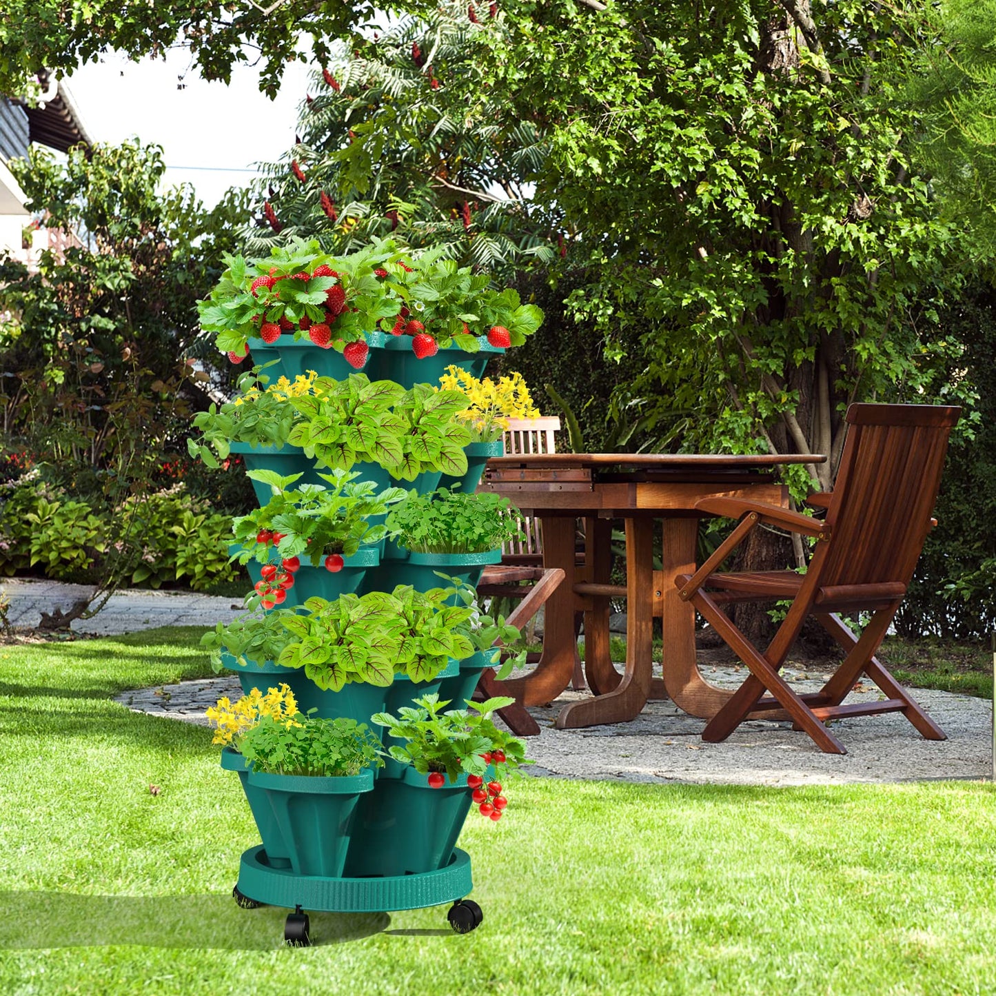 Tectsia Strawberry Vertical Planters Tower Garden, 7 Tiered Stacking Herb Vegetable Planter with Support Pole Indoor and Outdoor - Hunter Green