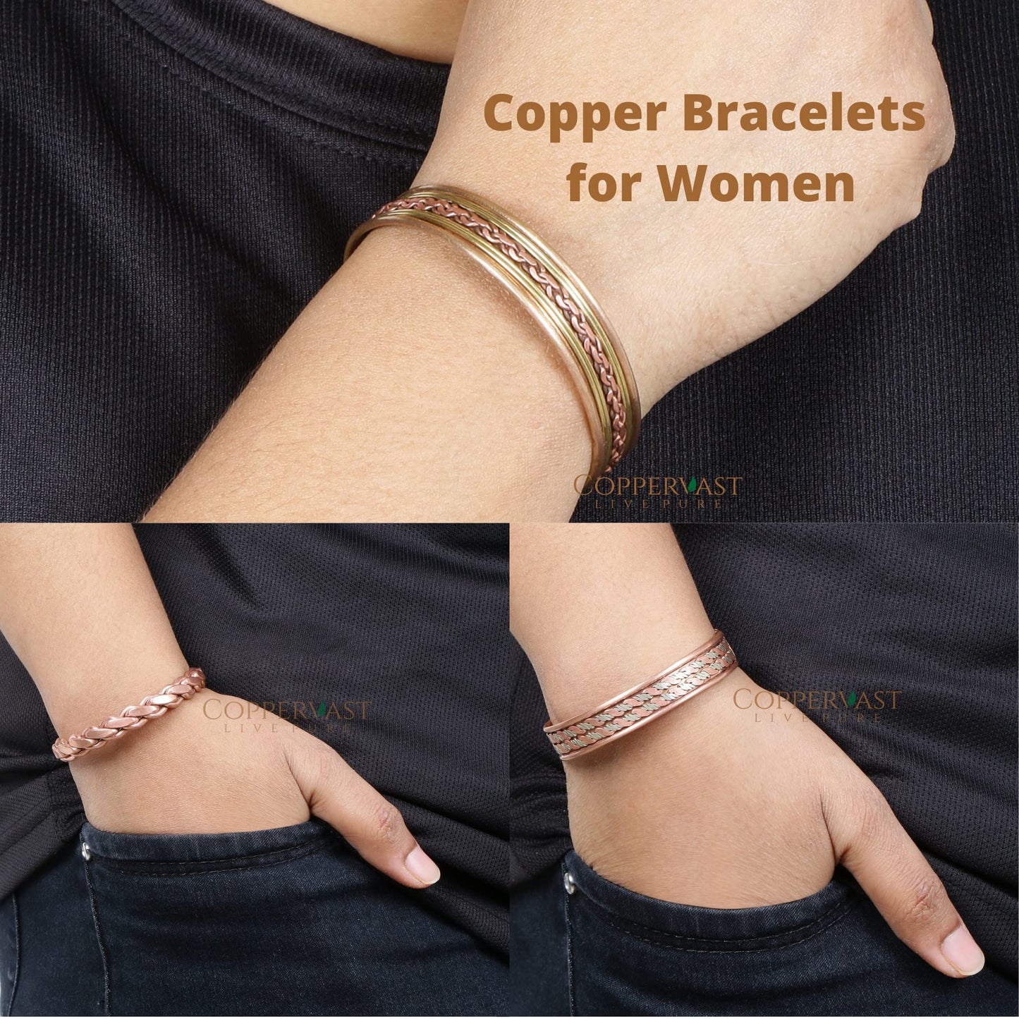 Coppervast Copper Bracelets- for Men and Women| Set of 3 with Gift Box | Gift for Women & Men| Gifts for Mom| Handmade 100% Copper (Inlay)