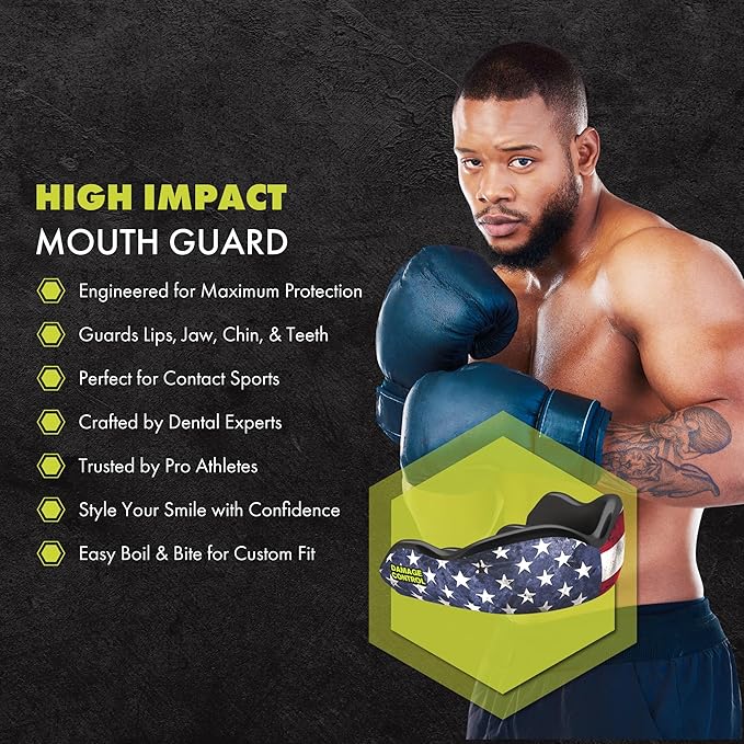 DAMAGE CONTROL High-Impact Mouth Guard – Sports Mouthguard for Boxing, Football, Lacrosse & Basketball, Protects Teeth & Jaw, Protective Mouthpiece for Adults & Youth (Adult, Old Glory American Flag)