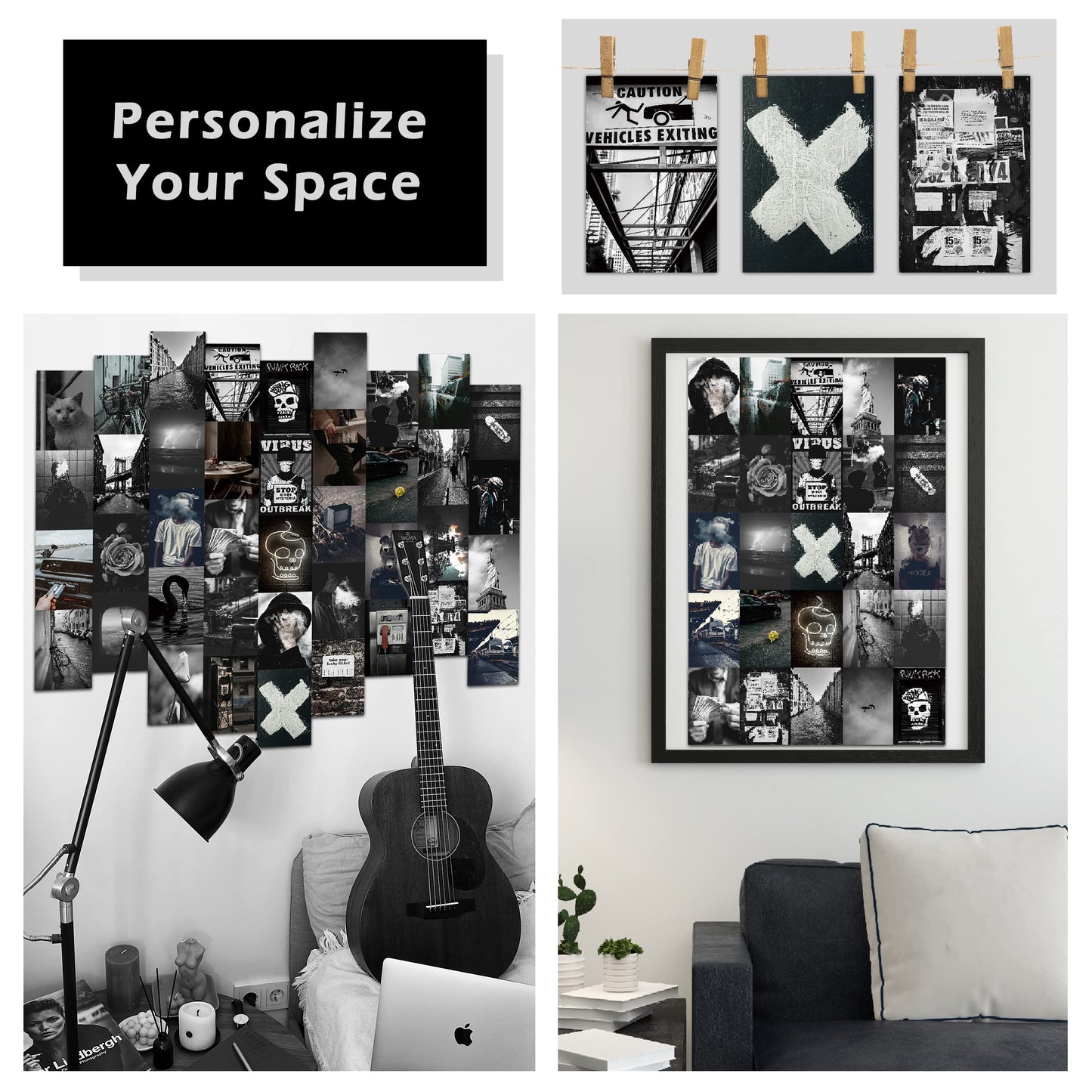 Grunge Aesthetic Wall Collage Kit - 40pcs 4x6inch Dark & Black Picture Set for Dorm & Bedroom Room Decor