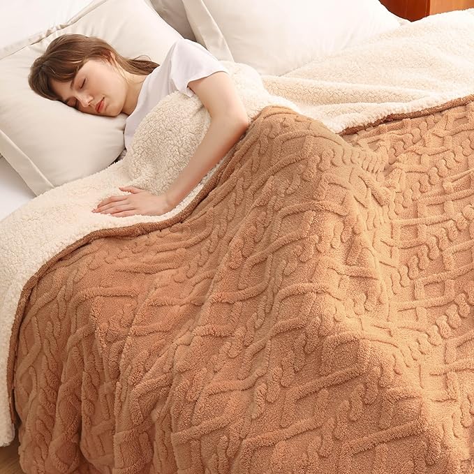 Bedsure Sherpa Fleece Blanket Twin Size for Bed - GentleSoft Fluffy & Cozy Cable Jacquard Tufted for Women Gift, Thick and Warm Blankets for Winter, Light Brown, 60x80 Inches