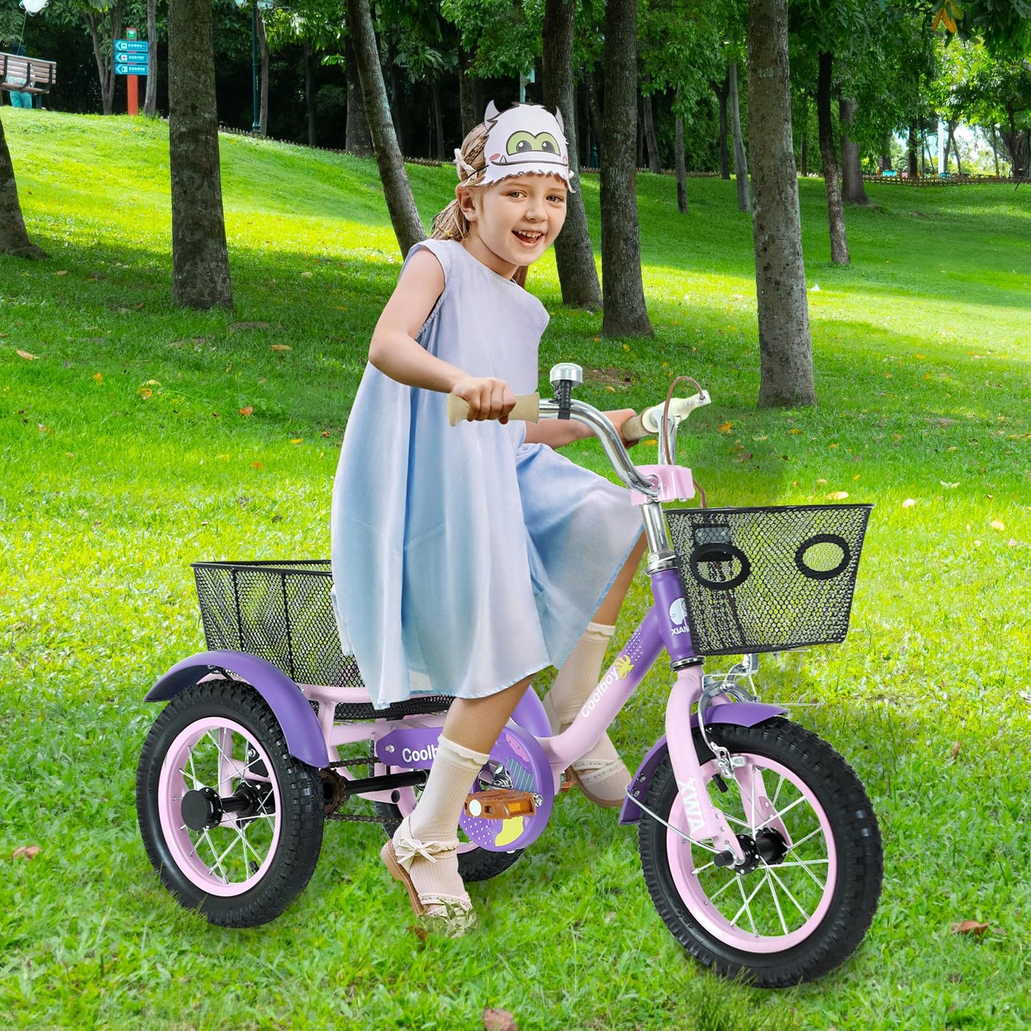Glyncipher 12 inch Trike, Kids Tricycle, Ages 3+, Beginner Riders, Front & Rear Basket, Passenger Seat, Purple