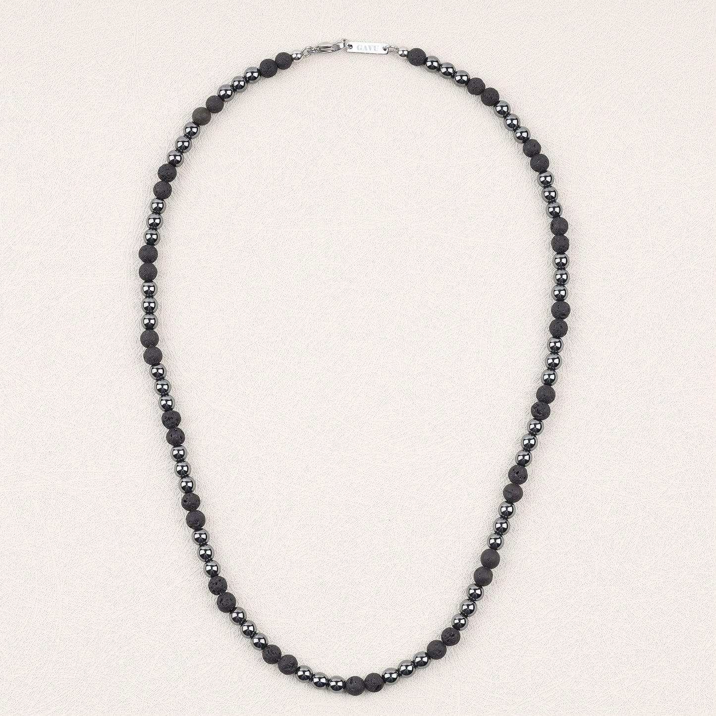 GAVU Men's Crystal Lava Hematite Beaded Black Stone Necklace 24"