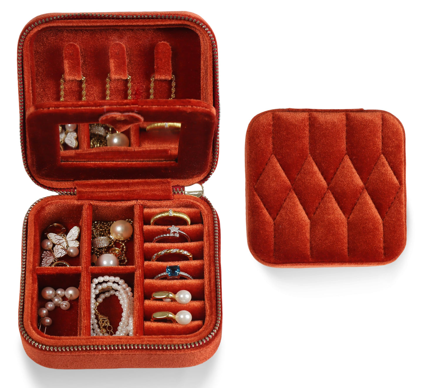 Vidifina Velvet Jewelry Box – Travel Jewelry Case Organizer with Mirror, Adjustable Compartments for Women | Luxury Storage Case & Gift for Her - Caramel