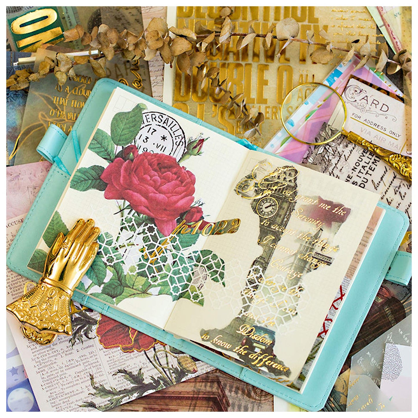 CATaireen Junk Journal Card Making Supplies Kit Scrapbooking Embellishments Collage Decoupage Art Craft for Adults Large DIY TN Travel Notebook Vintage Gold Washi Paper Ephemera Pack 120pcs