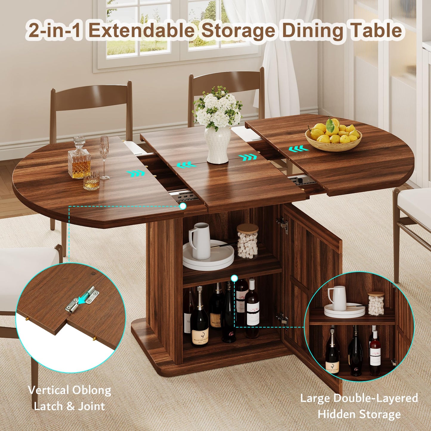 iPormis Round Dining Table for 4-6, 59'' Extendable Dining Room Kitchen Table with 2-Tier Storage Shelf, Wood Dinner Table with Door, Sturdy Pedestal Base, Space Saving, Kitchen, Dining, Walnut