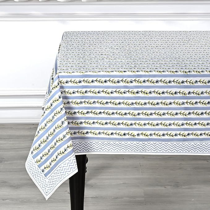Ridhi Hand Block Print Dolphin Gray Rectangle Cotton Tablecloth 108" x 60" Reusable Table Cover Decorative Everyday Use for Dining, Farmhouse, Home Gift for Spring, Easter, Valentine