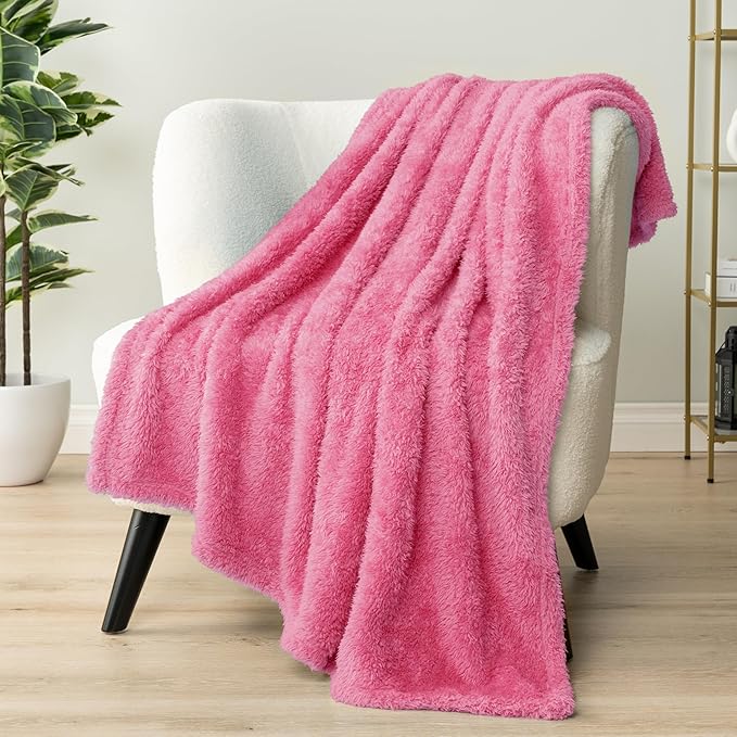 PAVILIA Sherpa Throw Blanket for Couch Sofa, Pink Fluffy Warm Plush Blanket for Twin Bed, Cozy Super Soft Lightweight Throw, Fuzzy Decorative Blanket, All Season Home, 60x80