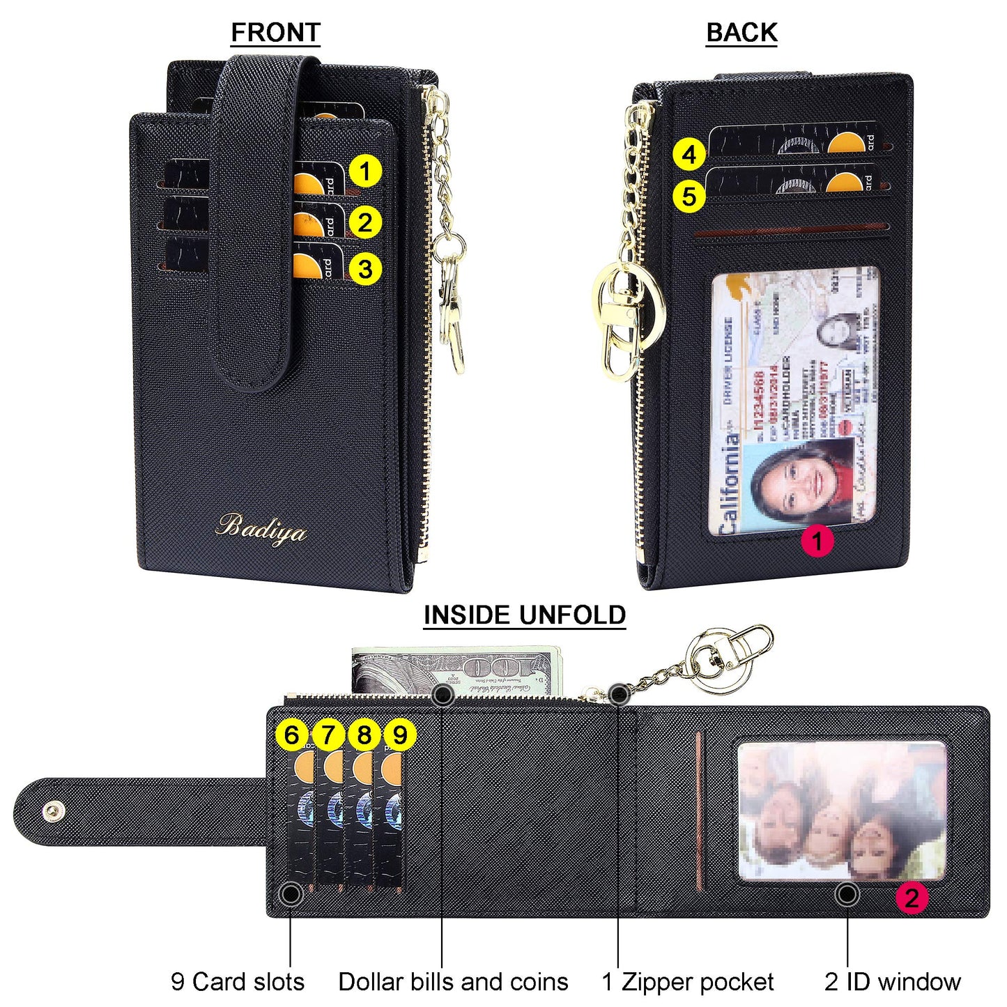 Badiya Slim Women Wallet RFID Blocking Bifold Compact 9 Card Slots Holder Wallets Soft Leather with Zipper Coin Pocket 2 ID Window