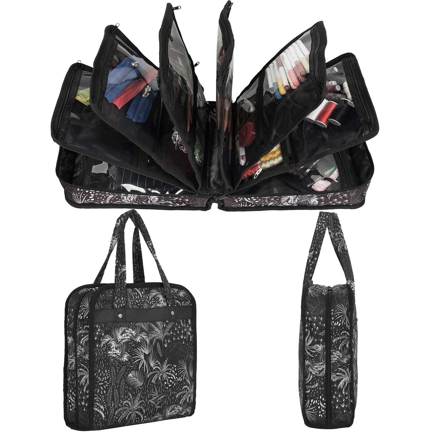 PACMAXI Sewing Accessories Storage Bag, Knitting, Craft Tools And Accessories Organizer, Roomy Carrying Bag for Sewing Tools And Accessories (White Tree with Black Background)