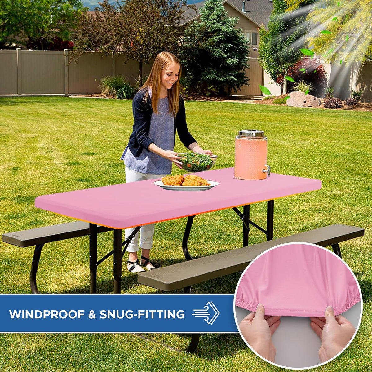 Fitted Tablecloth for 6 Foot Rectangle Tables-4 Pack Pink Elastic Outdoor Picnic Table Cover-Spandex Stretch Folding Table Cloths 6 ft for Camping Dining Room Patio Kitchen Banquet Party
