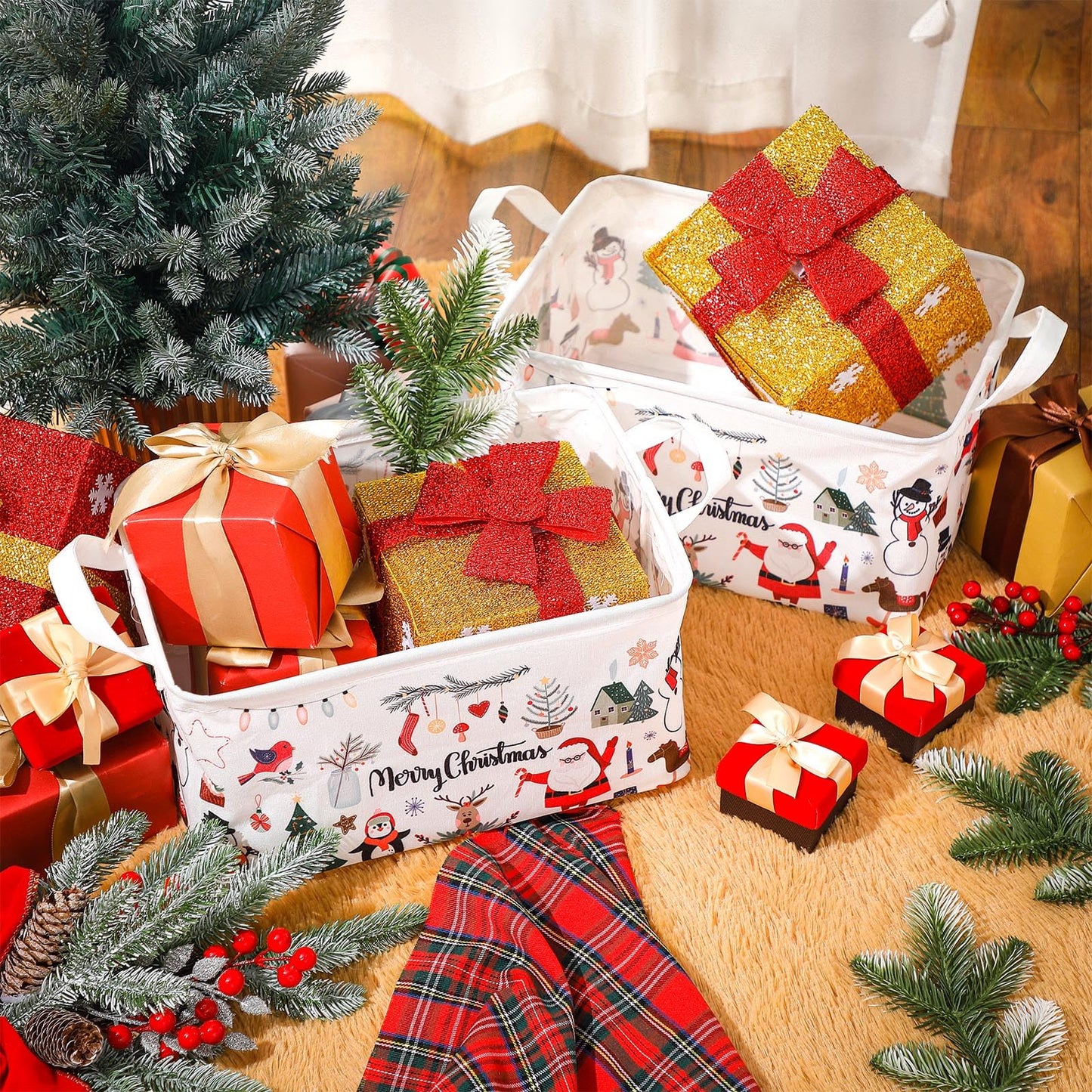 Maxcheck 6 Pcs Large Christmas Santa Storage Basket Foldable Christmas Gift Basket Rectangle Xmas Present Storage Boxes Bin Fabric Laundry Storage Organizer with Handles for Cloth Toy