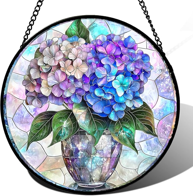 Stained Glass Window Hanging, Blue Purple Hydrangea Flowerpot Suncatcher for Doors Home Sun Catchers Decoration and Christmas, Mother's Day Birthday Gifts for Women, Men, and Mom 7.8 in