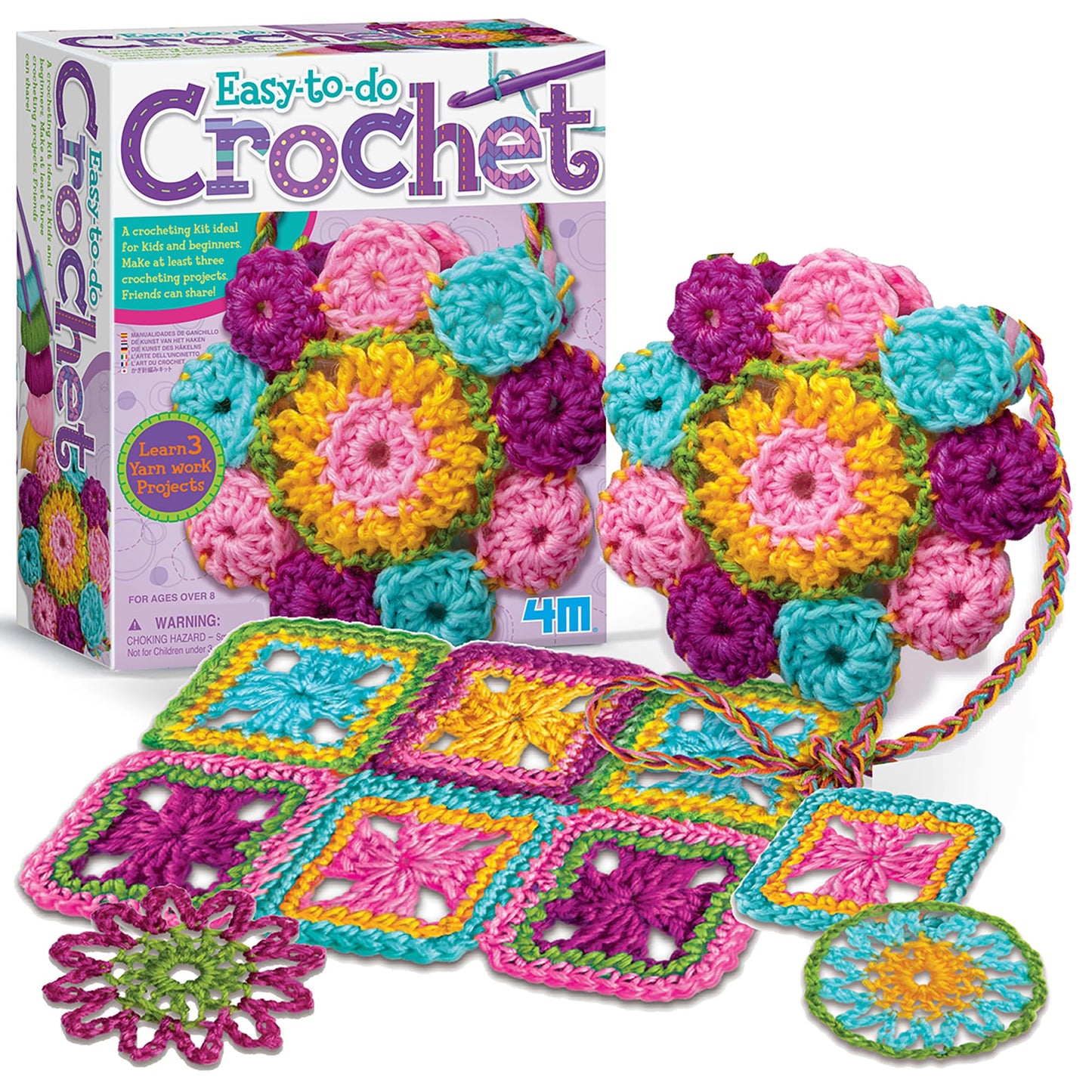 4M: Easy-to-Do Crochet - DIY Knitting Craft Kit, Learn 3 Yarn Work Projects, Create Coasters-Mini Bag-Placemat, All-in-1 Set, Beginners & Kids Ages 8+