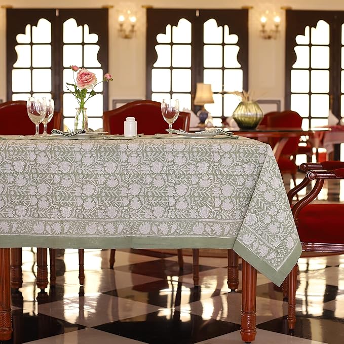 Labhanshi Indian Block Print Pre-Washed Cotton Floral 72x108 Inch Rectangle 8-Seater Table Cloth|Kitchen Dining Table Top Cover|Boho Rustic St. Patrick Spring Easter Table Cloth|Sage Green